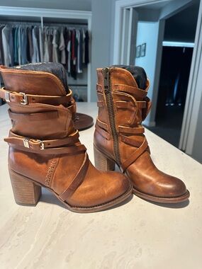 Freebird by Steven Cognac Leather Ankle Boots with Buckle Straps